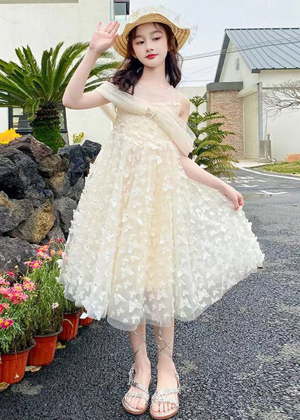 Beautiful Beige O-Neck Butterfly Tulle Girls Long Dresses Summer TT033 WS-JRTZSDGL240817