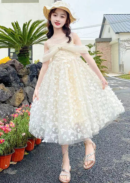 Beautiful Beige O-Neck Butterfly Tulle Girls Long Dresses Summer TT033 WS-JRTZSDGL240817
