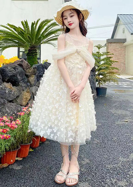 Beautiful Beige O-Neck Butterfly Tulle Girls Long Dresses Summer TT033 WS-JRTZSDGL240817