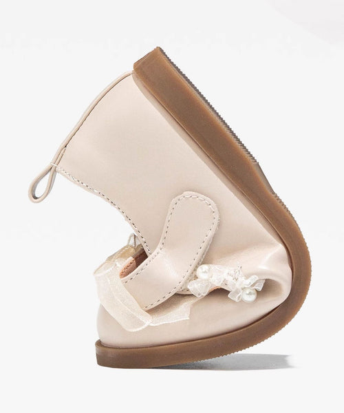 Pearl Tulle Buckle Bow Beige Girls Strap Platform Beautiful For FashionChic