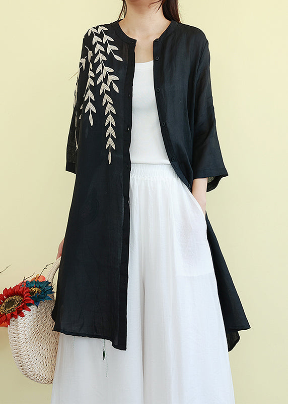 Beautiful Black Embroidered Linen Shirt Dresses Summer TM003 ABC