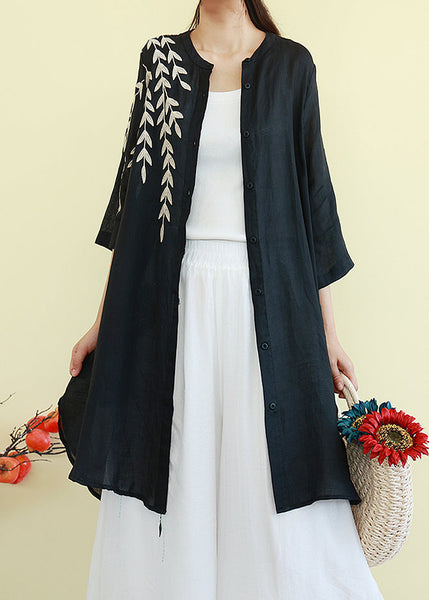 Beautiful Black Embroidered Linen Shirt Dresses Summer TM003 ABC
