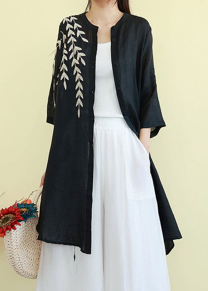 Beautiful Black Embroidered Linen Shirt Dresses Summer TM003 ABC