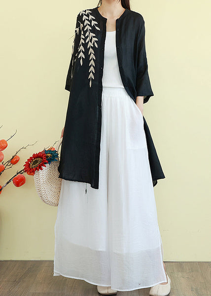 Beautiful Black Embroidered Linen Shirt Dresses Summer TM003 ABC