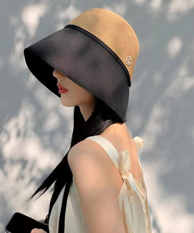 Beautiful Black Patchwork Bow Straw Woven Bucket Hat YU1018 Hat-HAT240528