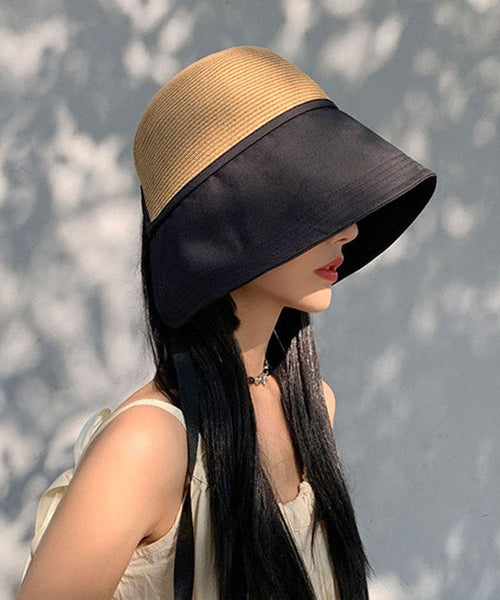 Beautiful Black Patchwork Bow Straw Woven Bucket Hat YU1018 Hat-HAT240528