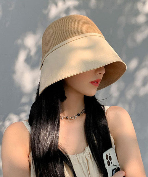 Beautiful Black Patchwork Bow Straw Woven Bucket Hat YU1018 Hat-HAT240528