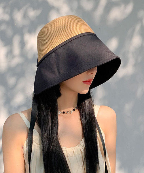 Beautiful Black Patchwork Bow Straw Woven Bucket Hat YU1018 Hat-HAT240528