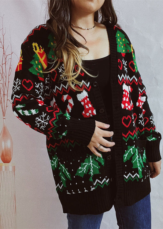 Beautiful Black V Neck Jacquard Knit Cardigan Fall QY016 BB-ZS-WM-NTP241002