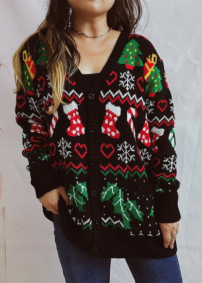 Beautiful Black V Neck Jacquard Knit Cardigan Fall QY016 BB-ZS-WM-NTP241002
