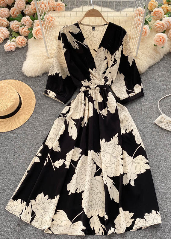 Beautiful Black V Neck Print Chiffon Dresses Half Sleeve TR040 ZS-SDL240730