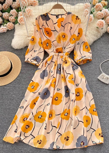 Beautiful Black V Neck Print Chiffon Dresses Half Sleeve TR040 ZS-SDL240730