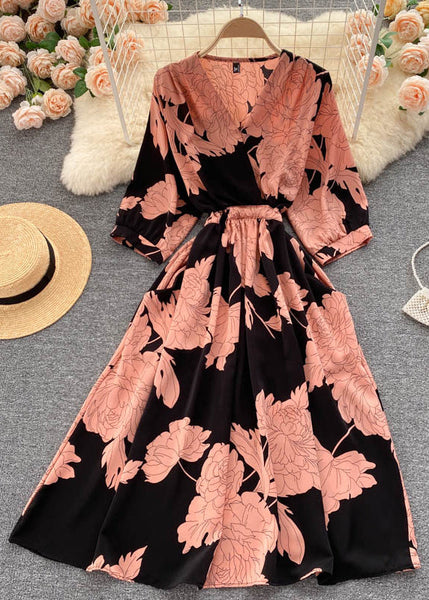 Beautiful Black V Neck Print Chiffon Dresses Half Sleeve TR040 ZS-SDL240730