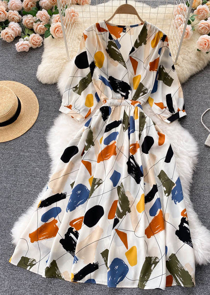 Beautiful Black V Neck Print Chiffon Dresses Half Sleeve TR040 ZS-SDL240730