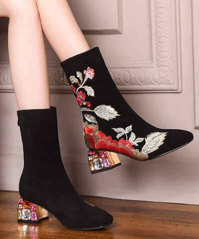 Beautiful Black Zircon Embroidered Suede Chunky Boots RT1074 Ada Fashion