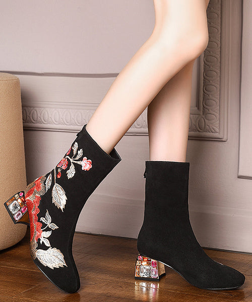 Beautiful Black Zircon Embroidered Suede Chunky Boots RT1074 Ada Fashion
