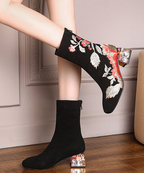 Beautiful Black Zircon Embroidered Suede Chunky Boots RT1074 Ada Fashion