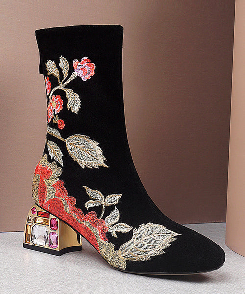 Beautiful Black Zircon Embroidered Suede Chunky Boots RT1074 Ada Fashion