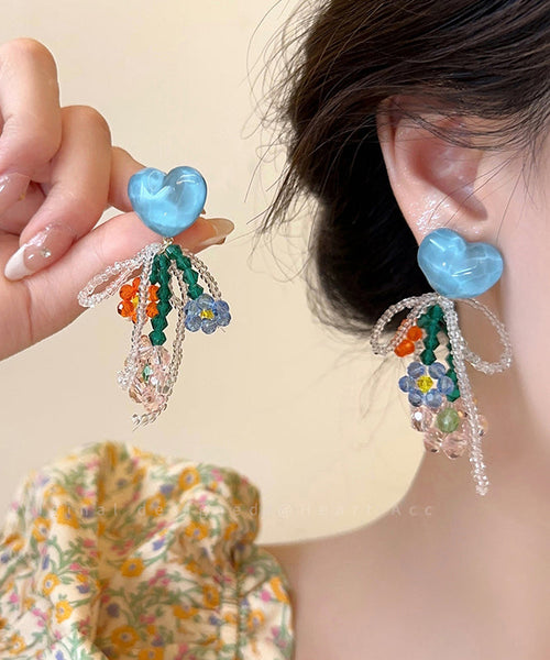 Beautiful Blue Copper Crystal Beading Love Tassel Drop Earrings YZ006 ABC
