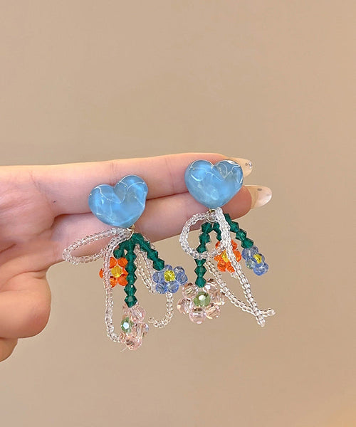 Beautiful Blue Copper Crystal Beading Love Tassel Drop Earrings YZ006 ABC