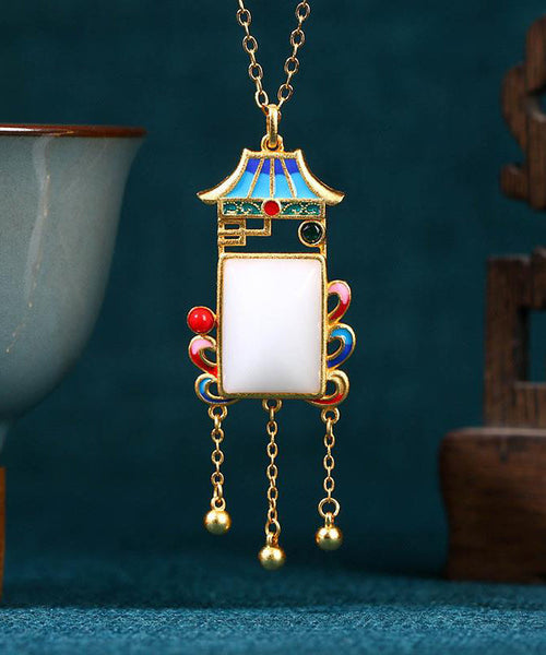 Beautiful Blue Copper Overgild Jade Agate Pagoda Tassel Pendant Necklace KX1065 Ada Fashion