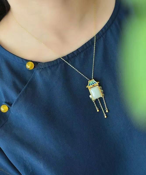 Beautiful Blue Copper Overgild Jade Agate Pagoda Tassel Pendant Necklace KX1065 Ada Fashion