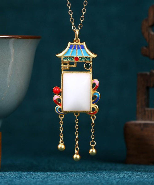Beautiful Blue Copper Overgild Jade Agate Pagoda Tassel Pendant Necklace KX1065 Ada Fashion