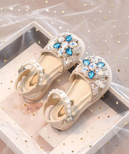 Blue Hollow Buckle Beautiful Girls Crystal Sandals Strap Out Flat FashionChic