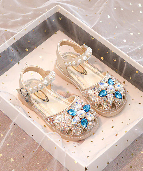 Blue Hollow Buckle Beautiful Girls Crystal Sandals Strap Out Flat FashionChic