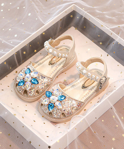 Blue Hollow Buckle Beautiful Girls Crystal Sandals Strap Out Flat FashionChic