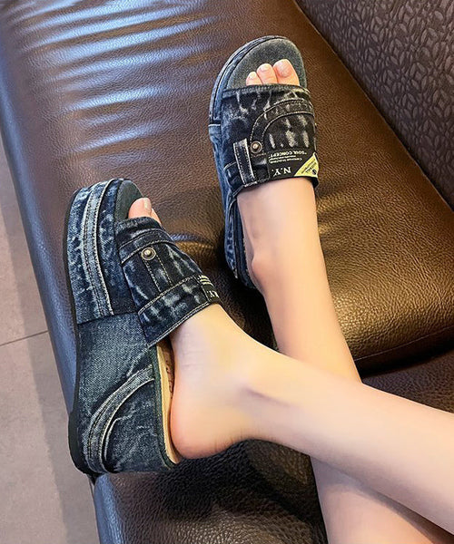 Beautiful Blue Denim Wedge Slide Sandals Peep Toe JJ052 Shoe-LT240609