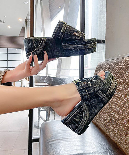 Beautiful Blue Denim Wedge Slide Sandals Peep Toe JJ052 Shoe-LT240609