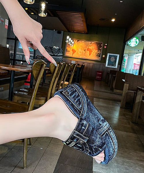 Beautiful Blue Denim Wedge Slide Sandals Peep Toe JJ052 Shoe-LT240609