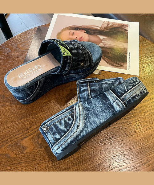 Beautiful Blue Denim Wedge Slide Sandals Peep Toe JJ052 Shoe-LT240609