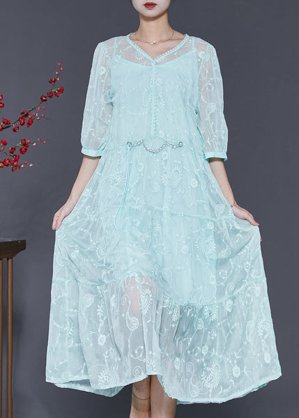 Beautiful Blue Embroidered Silk Long Dress Half Sleeve SD1005 Ada Fashion