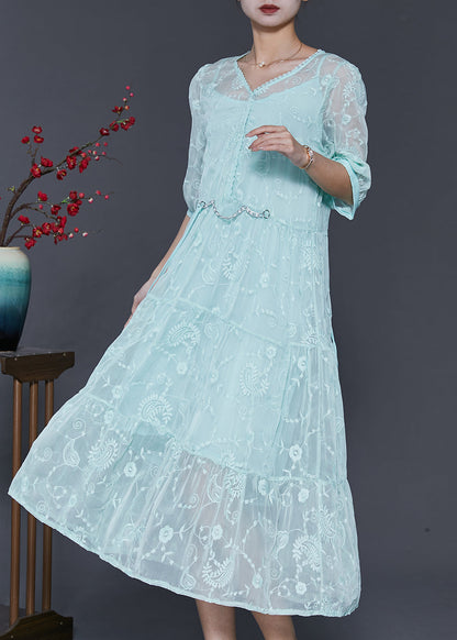 Beautiful Blue Embroidered Silk Long Dress Half Sleeve SD1005 Ada Fashion