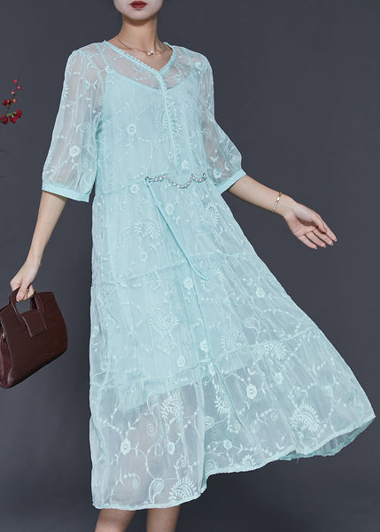 Beautiful Blue Embroidered Silk Long Dress Half Sleeve SD1005 Ada Fashion