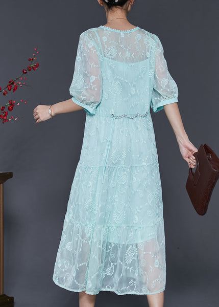 Beautiful Blue Embroidered Silk Long Dress Half Sleeve SD1005 Ada Fashion