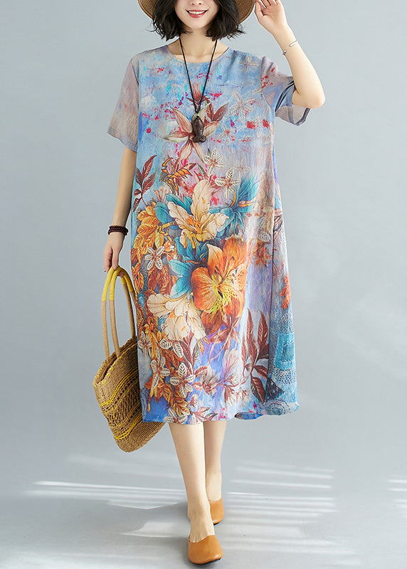 Beautiful Blue O Neck Print Cotton Dresses Summer JH026 MMDM-SDL240717