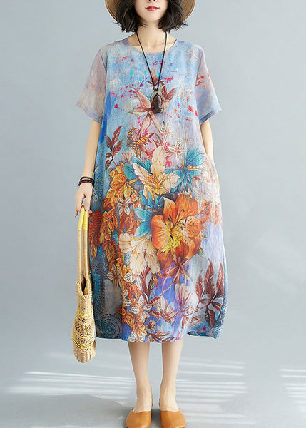 Beautiful Blue O Neck Print Cotton Dresses Summer JH026 MMDM-SDL240717