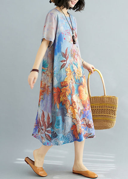 Beautiful Blue O Neck Print Cotton Dresses Summer JH026 MMDM-SDL240717