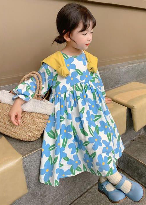 Beautiful Blue O Neck Print Cotton Girls Long Dress Long Sleeve XZ089 FALL-MM-RCTZ-FDGL240618