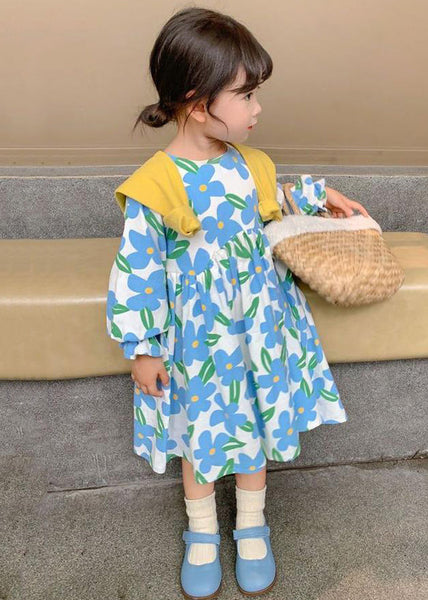 Beautiful Blue O Neck Print Cotton Girls Long Dress Long Sleeve XZ089 FALL-MM-RCTZ-FDGL240618
