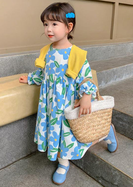 Beautiful Blue O Neck Print Cotton Girls Long Dress Long Sleeve XZ089 FALL-MM-RCTZ-FDGL240618