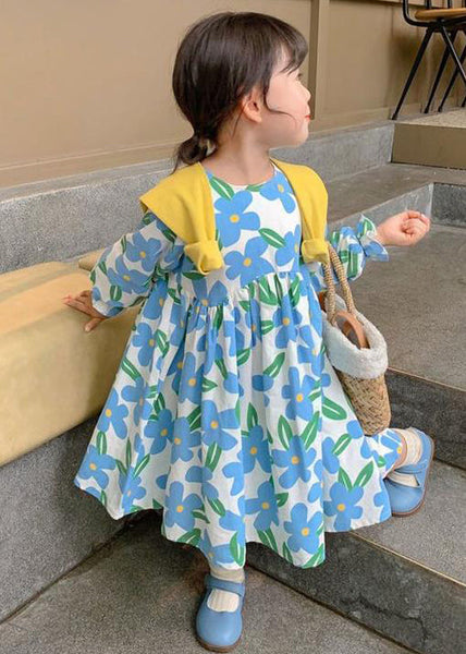 Beautiful Blue O Neck Print Cotton Girls Long Dress Long Sleeve XZ089 FALL-MM-RCTZ-FDGL240618