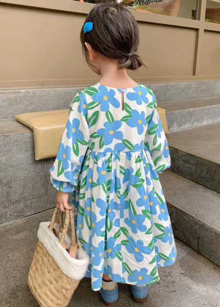 Beautiful Blue O Neck Print Cotton Girls Long Dress Long Sleeve XZ089 FALL-MM-RCTZ-FDGL240618