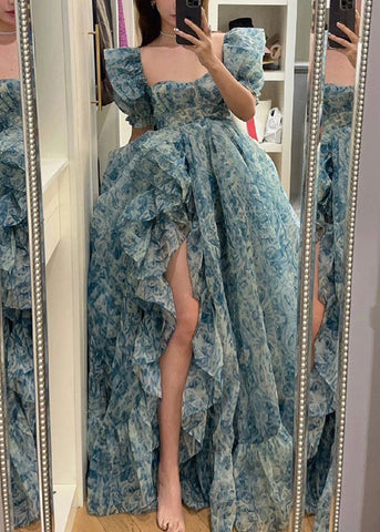 Beautiful Blue Print Ruffled Side Open Chiffon Maxi Dresses Summer XX041 SH-LF-SDL240611