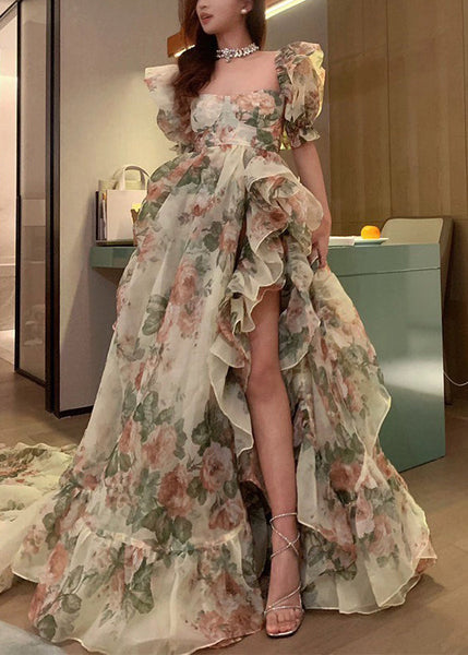 Beautiful Blue Print Ruffled Side Open Chiffon Maxi Dresses Summer XX041 SH-LF-SDL240611