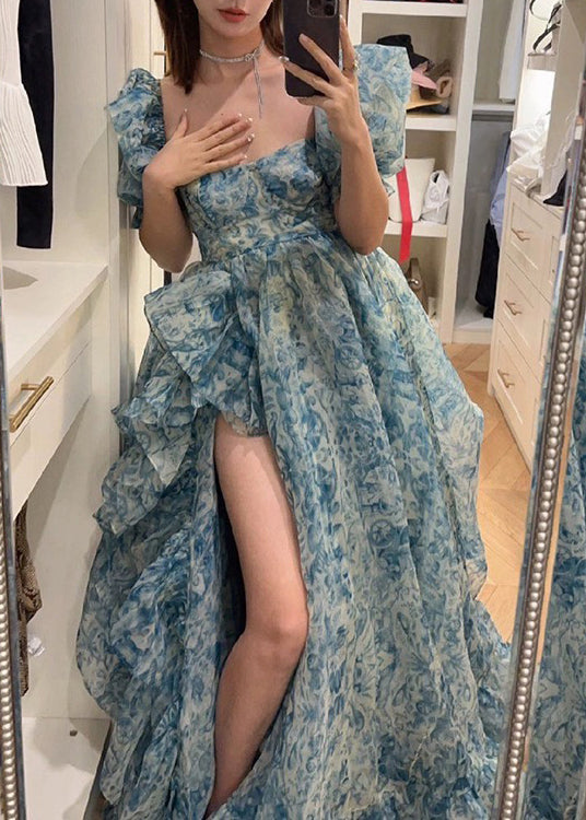 Beautiful Blue Print Ruffled Side Open Chiffon Maxi Dresses Summer XX041 SH-LF-SDL240611