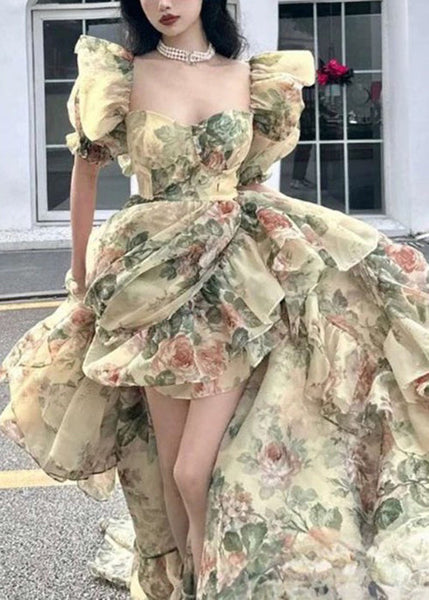 Beautiful Blue Print Ruffled Side Open Chiffon Maxi Dresses Summer XX041 SH-LF-SDL240611